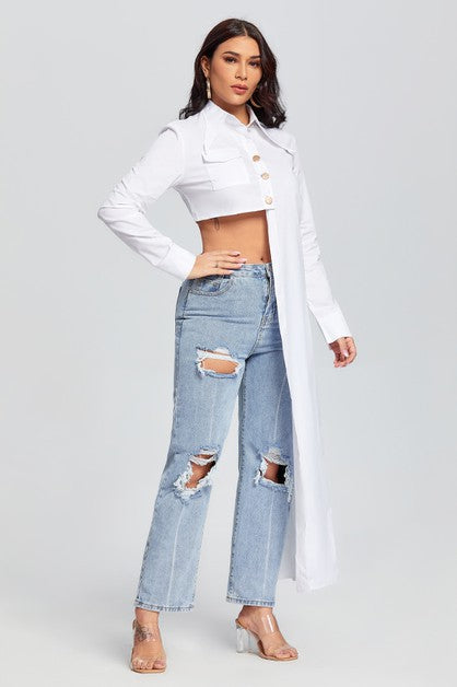 Asymmetric Cut Crop Shirt Tops