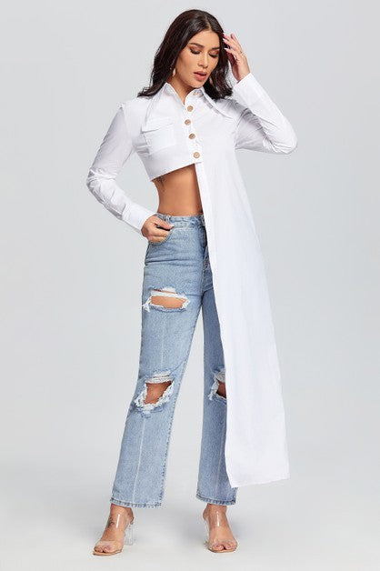 Asymmetric Cut Crop Shirt Tops