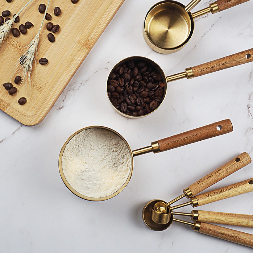 Acacia Wood and Gold Measuring Cups, Set of 4